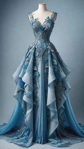 Vestido de noche largo elegante de gasa azul con apliques y volantes Y8385